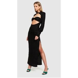 Lioness Black Cut-Out Long Sleeve Aswan Maxi Dress with Side Slit Size XL